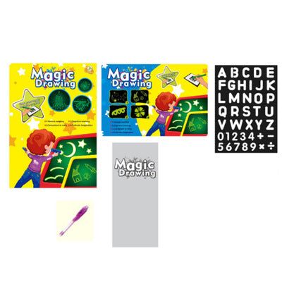 3D Magic Light-Up Drawing Pad kit with colorful Magic Drawing packaging, transparent board, purple light pen and letter template