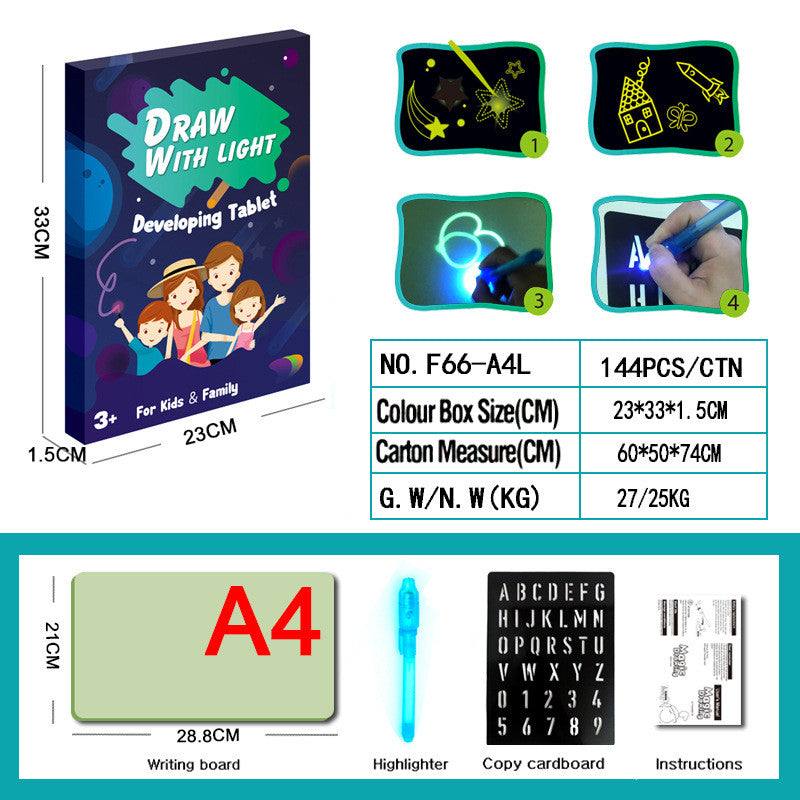 3D Magic Light-Up Drawing Pad with a plastic A4 board, blue light pen, letter template, and glowing sample drawings