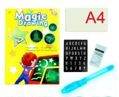 3D Magic Light-Up Drawing Pad with a bright yellow illustrated box, black letter template, translucent blue light pen and A4 size label