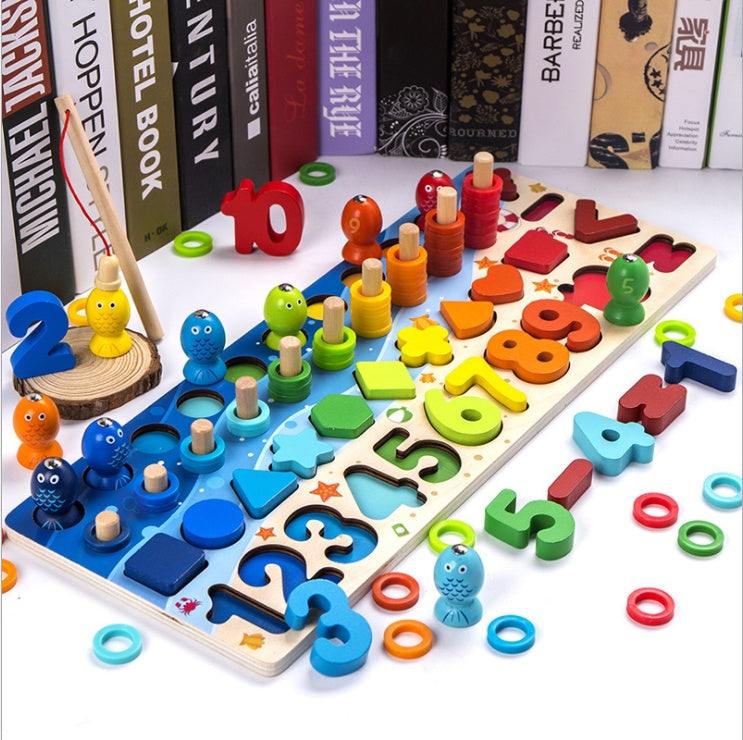 3D Wooden Alphabet puzzle board with colorful numbers, shapes, fish pegs, and stacking rings for kids