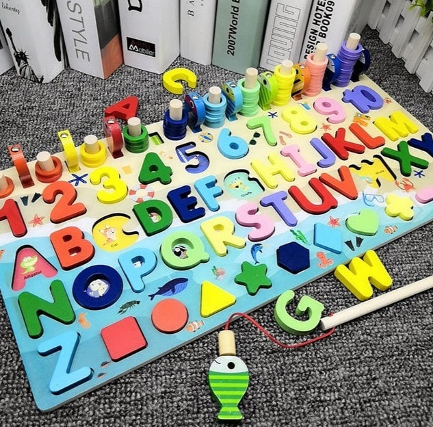 3D Wooden Alphabet puzzle board with colorful letters, numbers, shapes, stacking rings and magnetic fishing rod