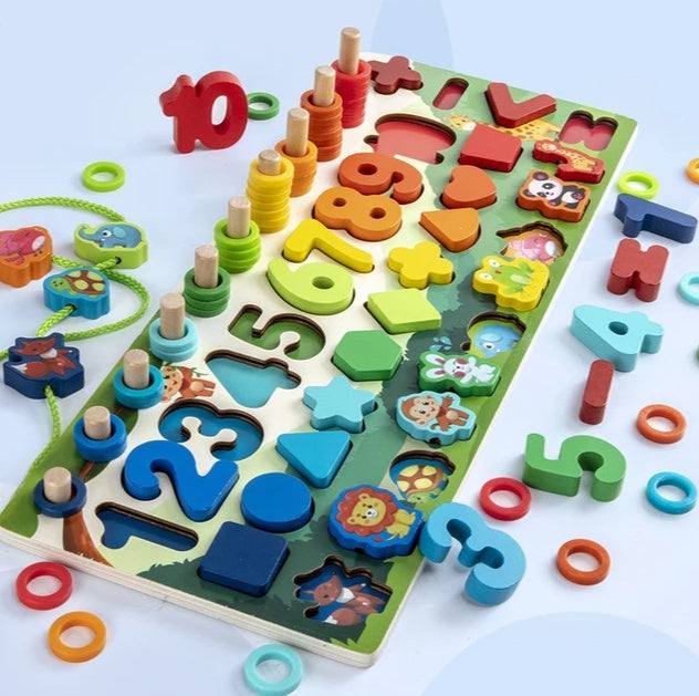 3D Wooden Alphabet number puzzle board with colorful shapes, animals, stacking rings and counting pegs