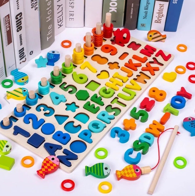 3D Wooden Alphabet puzzle board with colorful letters, numbers, geometric shapes, stacking rings and fish pieces