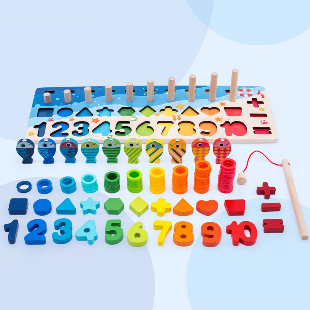 3D Wooden Alphabet puzzle board with number pegs, colorful fish, shapes, rings, and magnetic fishing rod