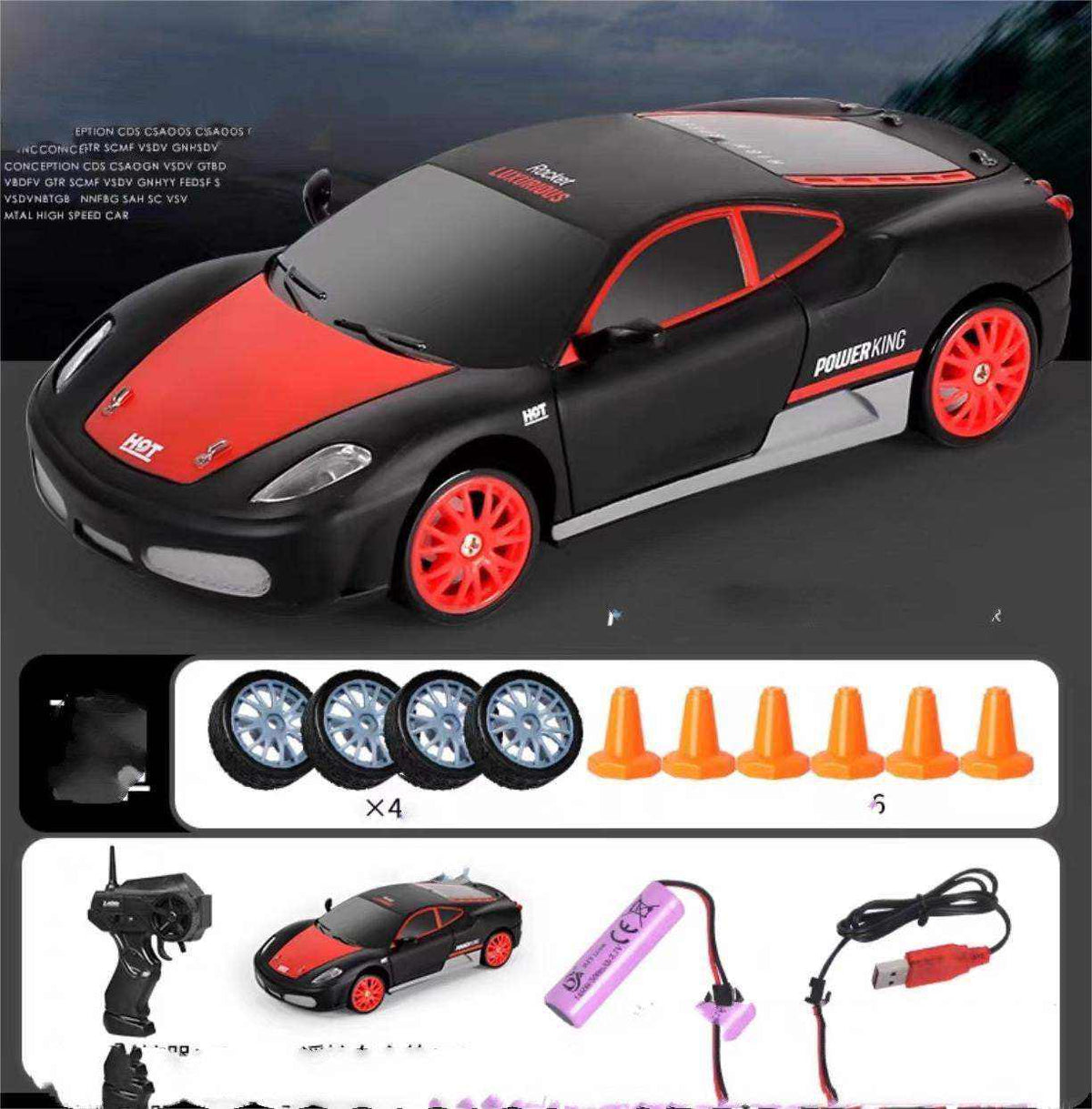 4WD RC Drift Car with sleek black body, red accents, bright red wheels, and included spare tires and traffic cones