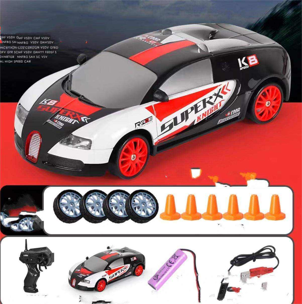 4WD RC Drift Car with a black, white and red sports car body, red wheels, racing decals and orange cones
