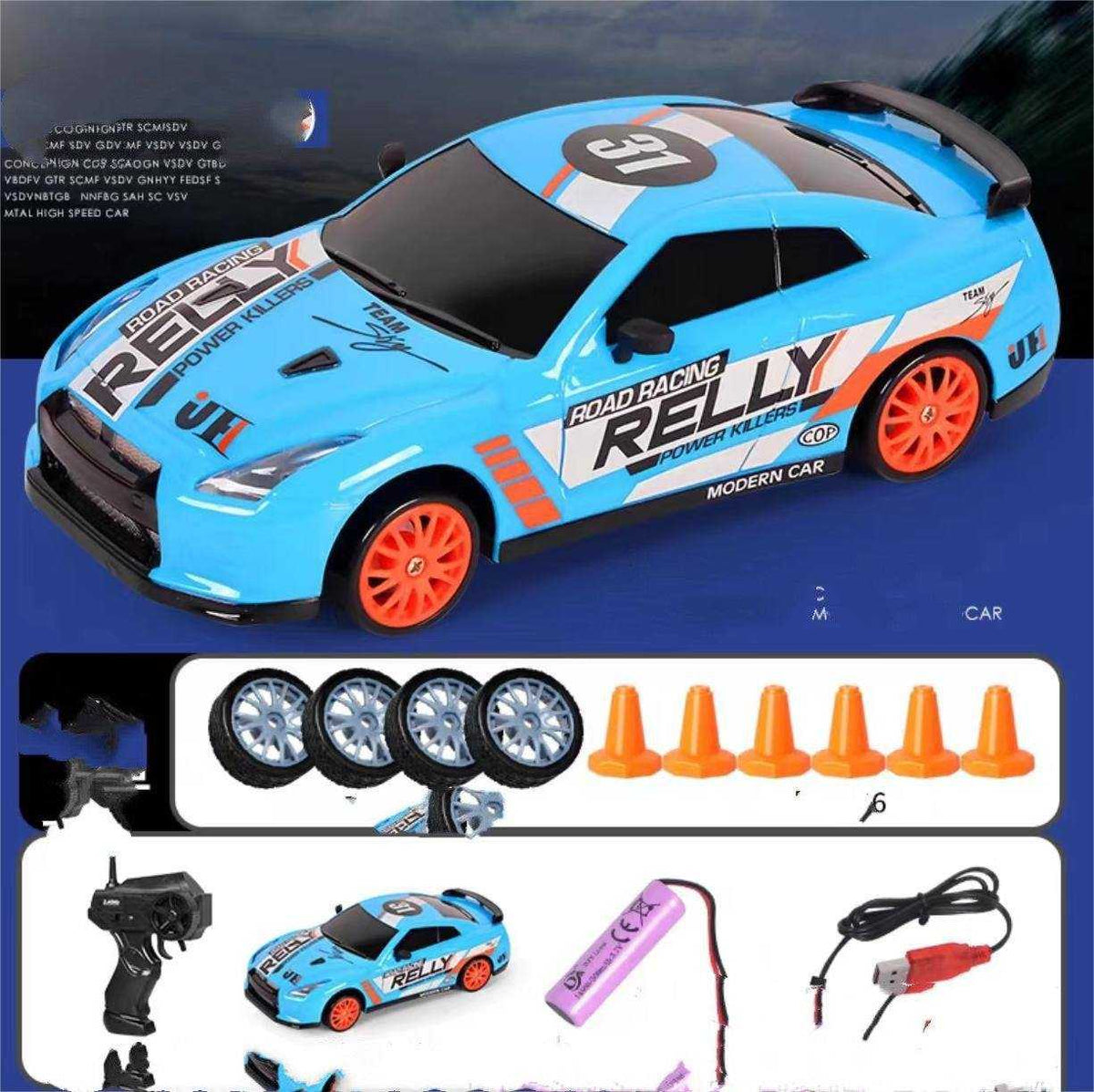 4WD RC Drift Car in bright blue with orange wheels, racing decals, black windows and a rear spoiler