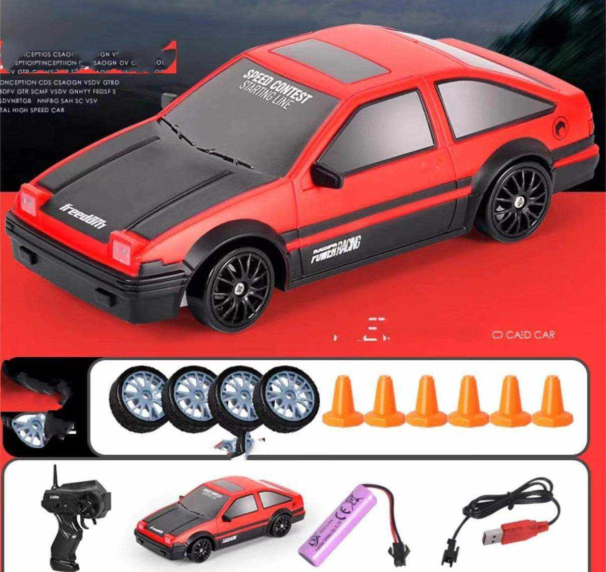 4WD RC Drift Car in red and black plastic with racing decals, black hood, tinted windows, and spare wheels