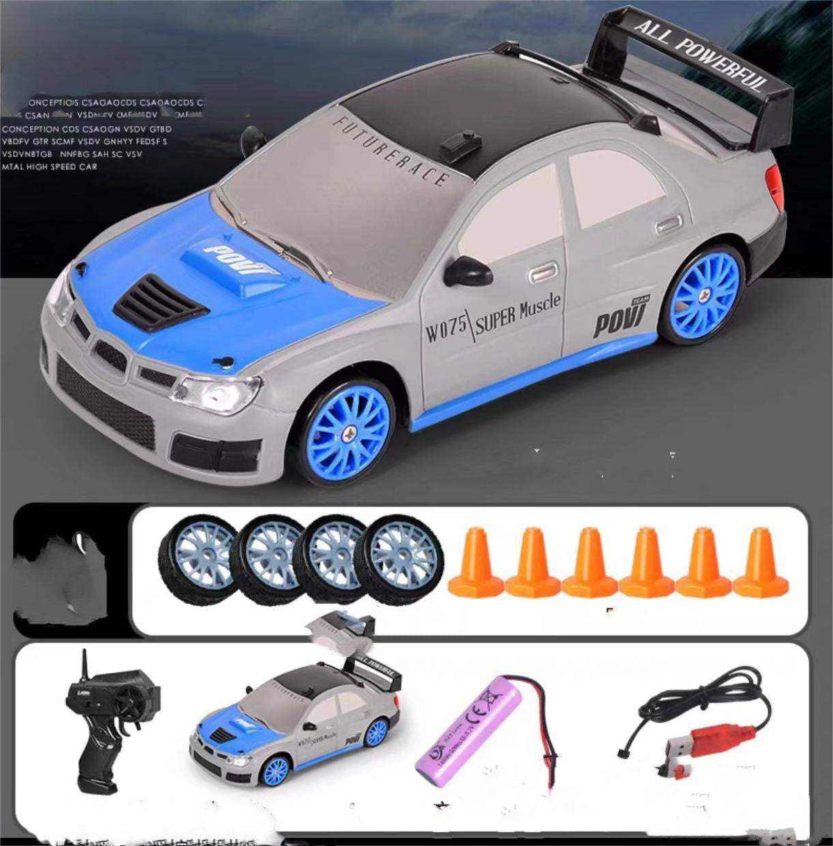 4WD RC Drift Car with a silver body, blue hood and rims, racing decals, rear spoiler, and included cones