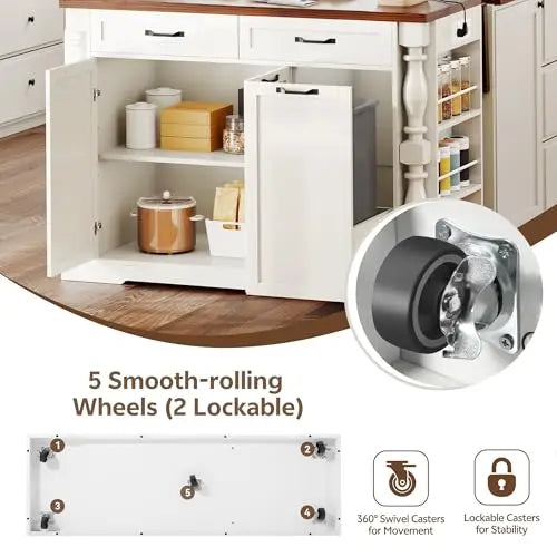 Îlot de cuisine sur roulettes, table d'îlot de 48 po pour cuisine avec poubelle