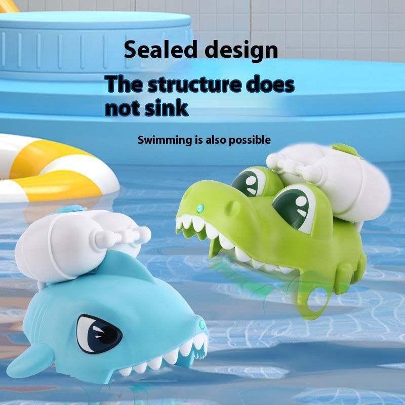 Animal Wrist Water Gun in blue shark and green crocodile designs, with cartoon eyes, white teeth and hand pumps.