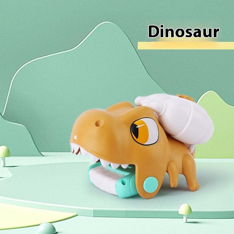 Animal Wrist Water Gun in an orange dinosaur design with a large eye, white teeth, turquoise details and wrist strap.