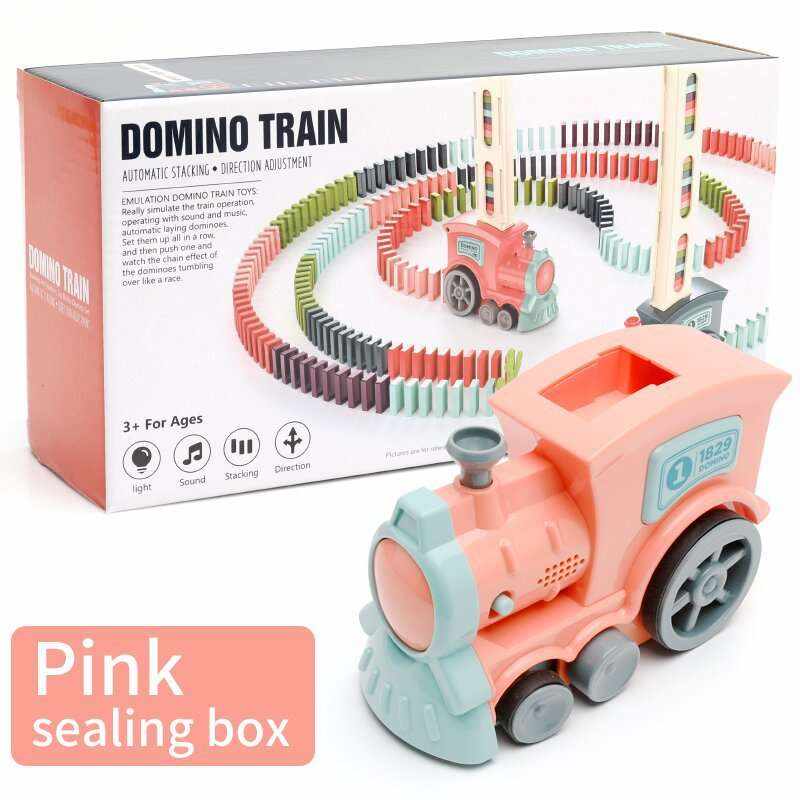 Automatic Domino Train Toy in coral pink plastic with aqua trim, black wheels and a top-loading hopper
