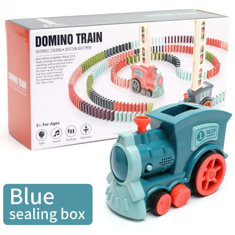 Automatic Domino Train Toy in teal and light blue plastic with a red funnel and wheels, shown beside its box