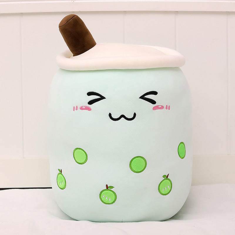 Bubble Tea Plush Pillow in pale mint green with pink lid, brown straw, green tapioca dots, and embroidered face