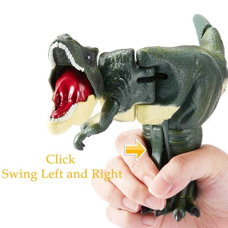 Dinosaur Spring Fidget Toy in dark green plastic with textured scales, cream underside, open red mouth and swinging limbs