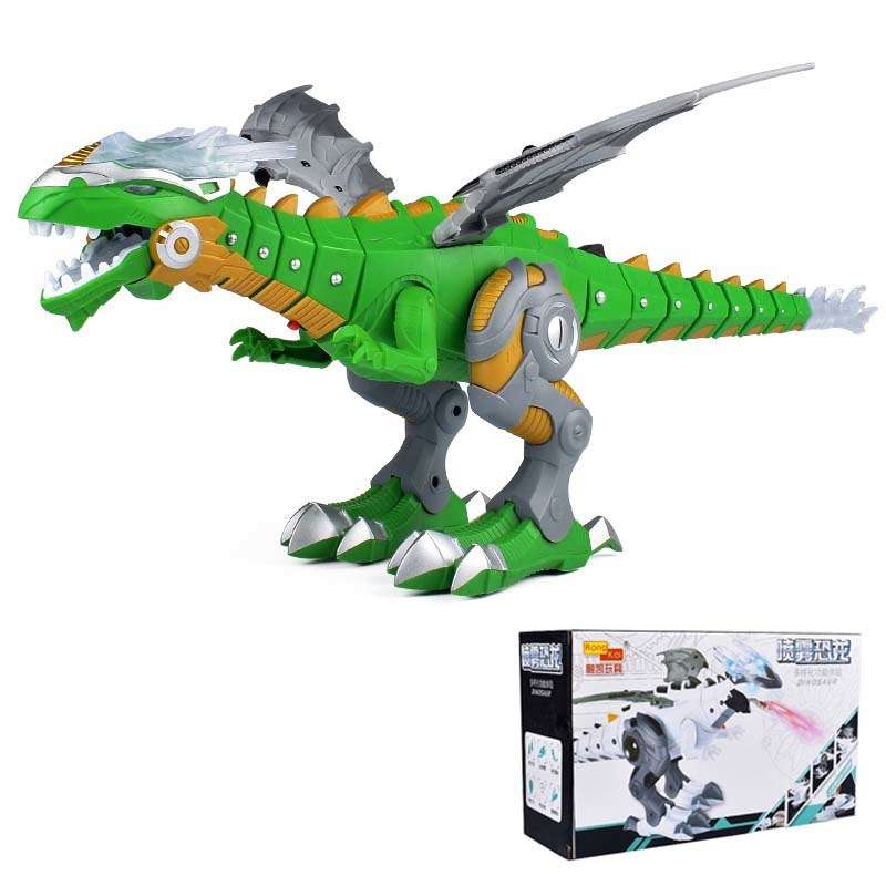 Electric Sound & Light robot dinosaur with a green plastic body, silver mechanical limbs and wings, and an open roaring mouth