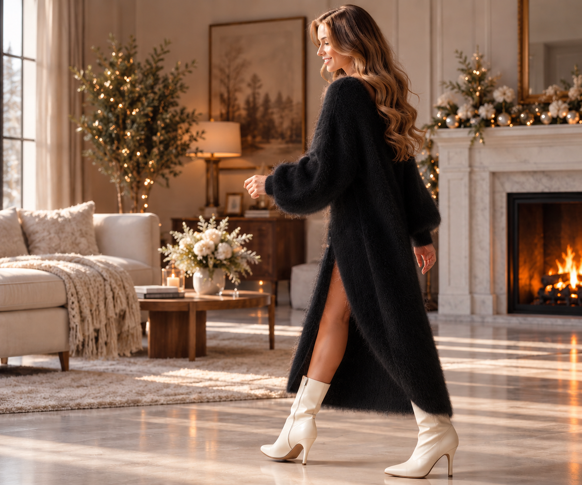 Split Knitted V-Neck Fleece Maxi Dress