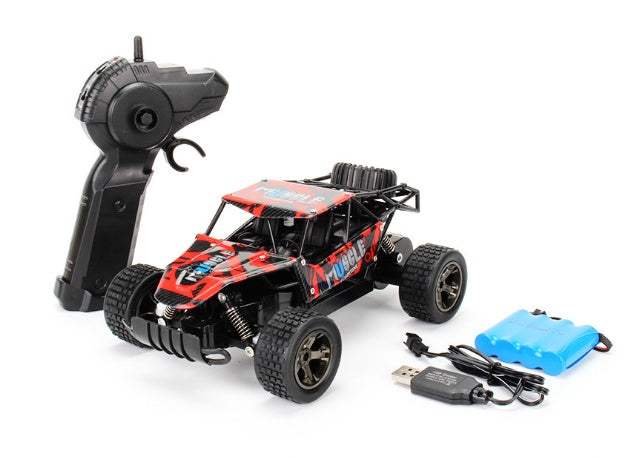 High-Speed RC Off-Road Drift Car in black and red with rugged tires, shown with a remote and blue battery pack