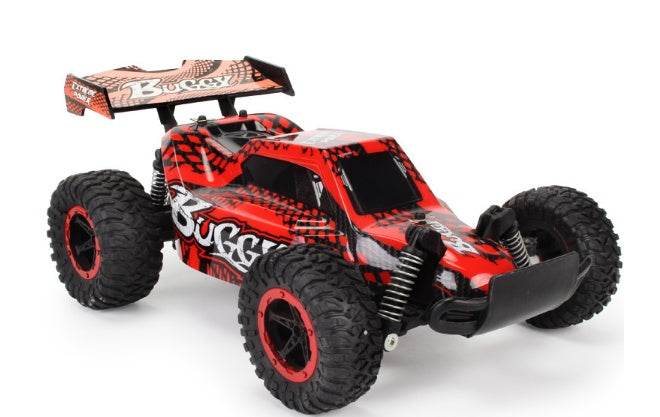High-Speed RC Off-Road Drift Car in red and black with graphic decals, chunky tires, suspension springs and rear spoiler