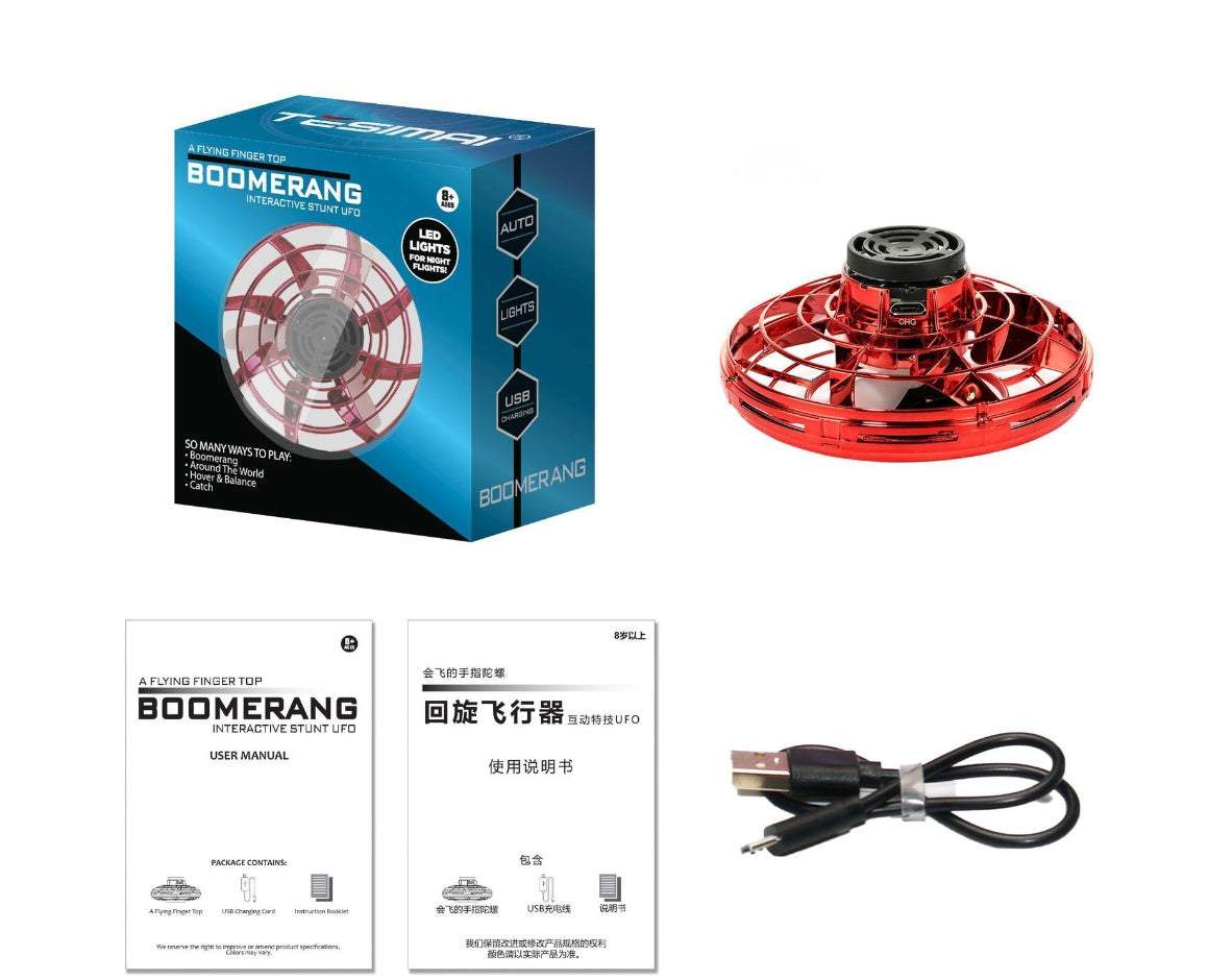 LED Fingertip Gyro Spinner Toy with a red open-frame rotor, black center, and blue retail box, shown with USB cable and manuals