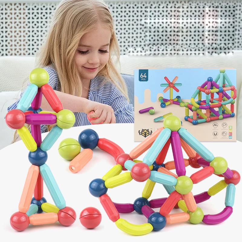 Magnetic Building Blocks Set with bright multicoloured plastic rods and round magnetic connectors, shown in playful structures