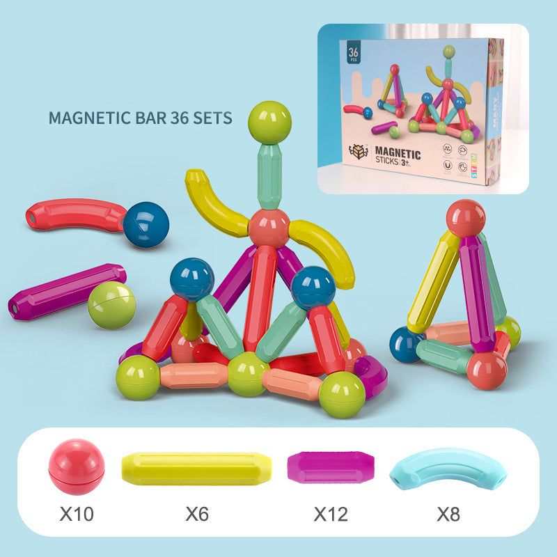 Magnetic Building Blocks Set with colorful plastic rods and round connectors, shown assembled into playful structures