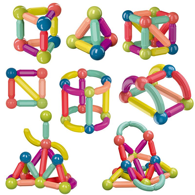 Magnetic Building Blocks Set with bright multicoloured plastic rods and round magnetic ends arranged into geometric structures
