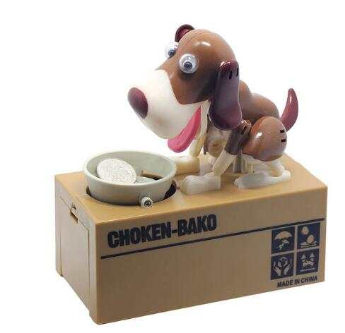 Robotic Dog Piggy Bank in brown and cream plastic with floppy ears, a pink tongue, and a coin bowl