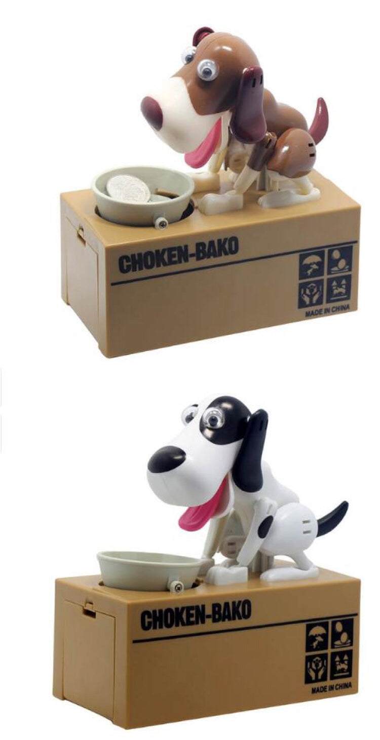 Robotic Dog Piggy Bank featuring brown and black-and-white plastic dogs with coin bowls and wagging tails