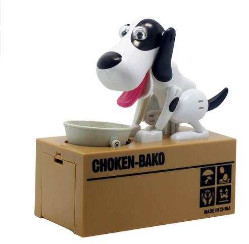 Robotic Dog Piggy Bank with a white plastic dog, black patches, pink tongue and coin bowl atop a tan box