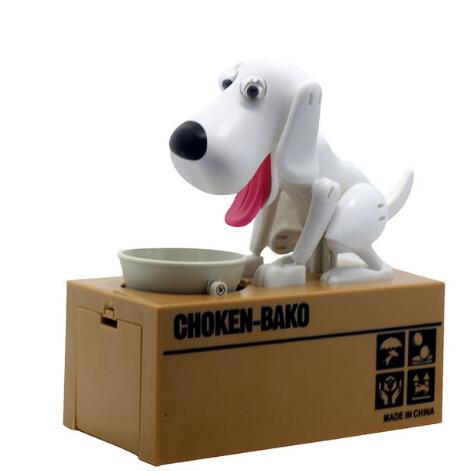 Robotic Dog Piggy Bank with a white plastic dog, black nose, pink tongue, and small coin bowl