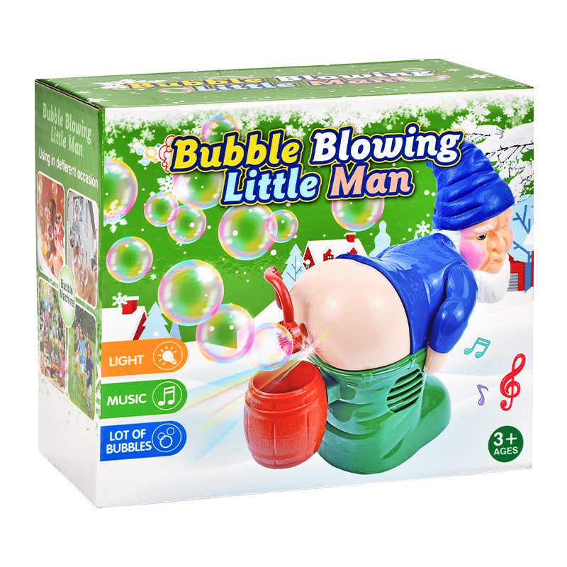 Santa Claus Bubble Machine Toy in blue, green and red plastic, depicting a cheeky Santa figure with light and music icons