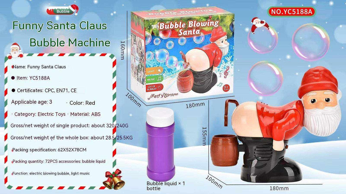 Santa Claus Bubble Machine Toy in red, white and brown plastic with a Santa figure, bubble wand and music and light features