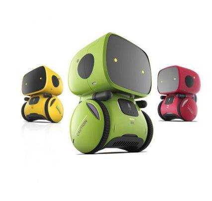 Voice Recognition Robot Toy in lime green with black details, shown alongside smaller yellow and red robots