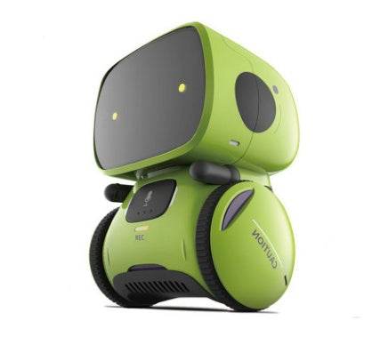 Voice Recognition Robot Toy in lime green plastic with a large dark face panel, yellow eyes, and rounded wheeled body