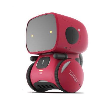 Voice Recognition Robot Toy in glossy red plastic, with a large gray face screen, yellow eyes, black accents and wheels