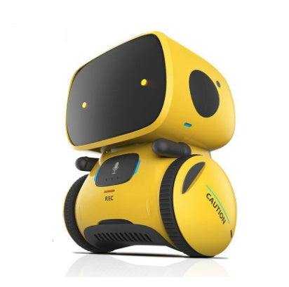 Voice Recognition Robot Toy in yellow and black plastic, with a rounded screen-like face, microphone panel and wheels