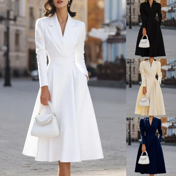 French V-Neck Waist-Cinching Long Dress