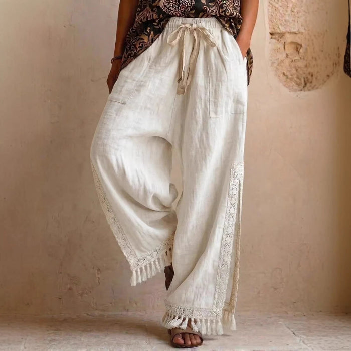 Side-Slit Lace Tassel Bohemian Wide-Leg Pants