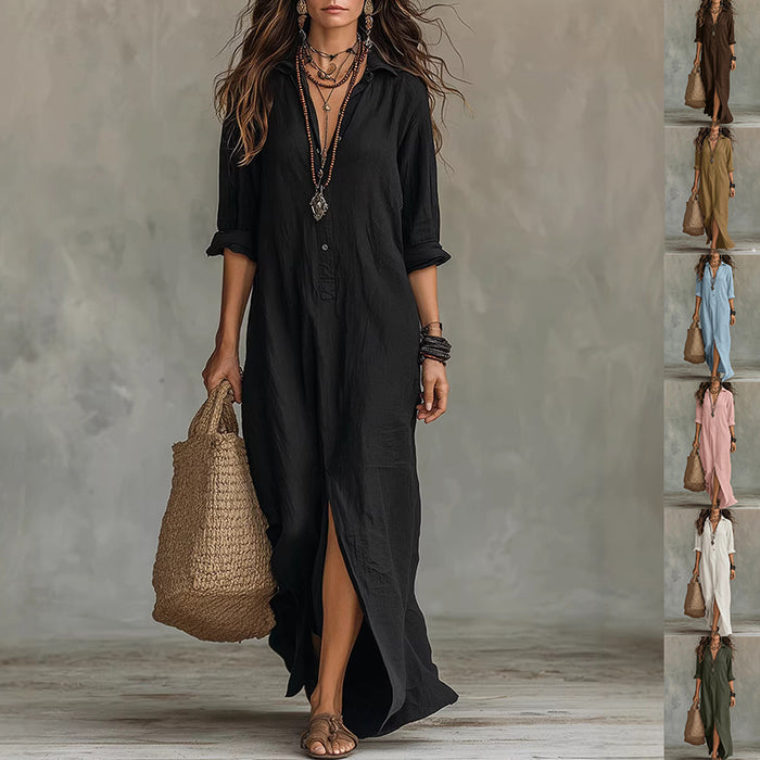 Long Sleeve Lapel Side-Slit Maxi Beach Dress