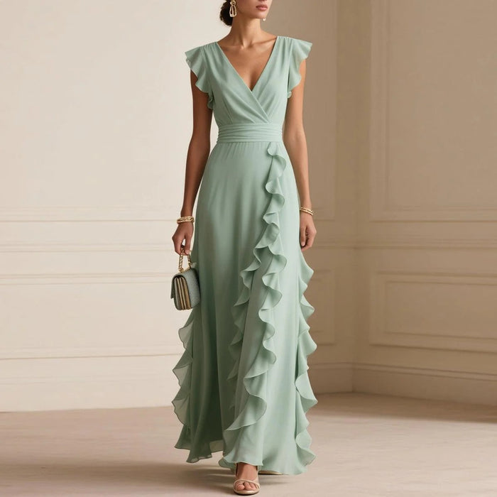 Elegant Ruffle V-Neck Sleeveless Maxi Dress