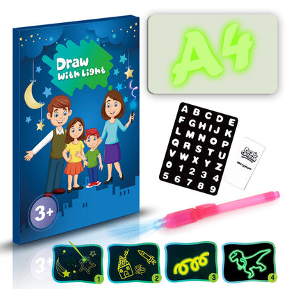 3D Magic Light-Up Drawing Pad with a blue starry box, glowing green A4 board, letter stencil, and pink light pen