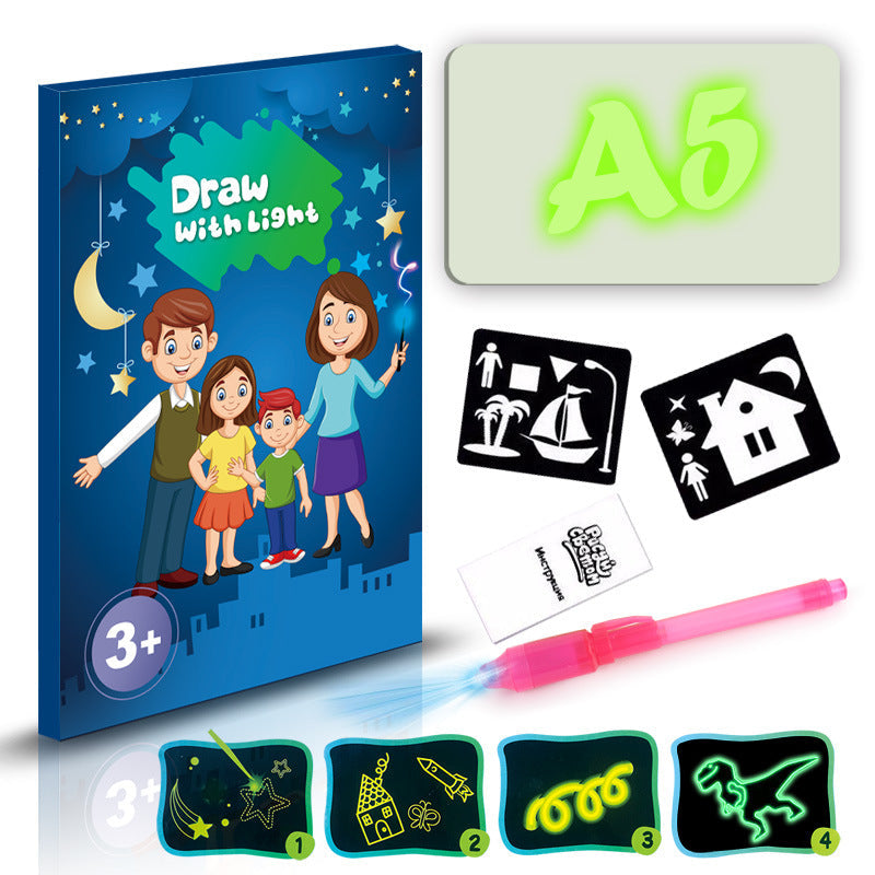 3D Magic Light-Up Drawing Pad, blue plastic kit with a pink light pen, stencils and glowing sample drawings