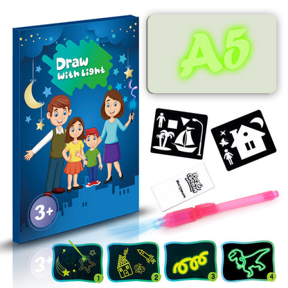 3D Magic Light-Up Drawing Pad, blue plastic kit with a pink light pen, stencils and glowing sample drawings