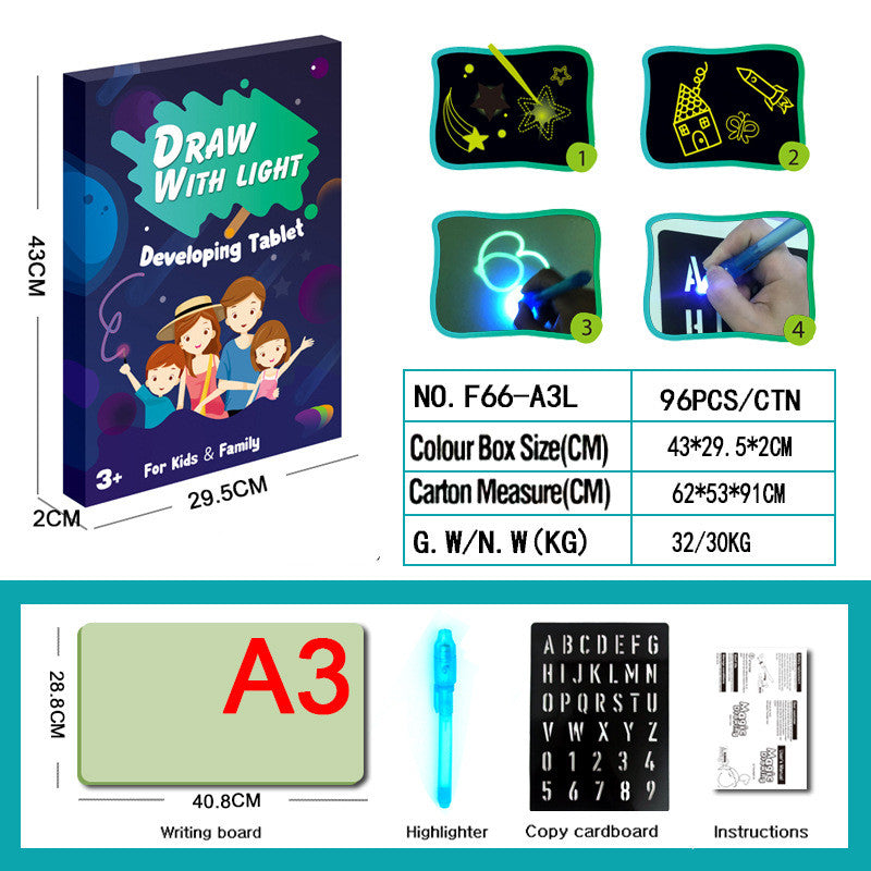 3D Magic Light-Up Drawing Pad with a clear plastic drawing board, blue light pen and letter tracing template