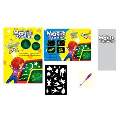 3D Magic Light-Up Drawing Pad set with colorful Magic Drawing packaging, black stencil sheet and purple light pen