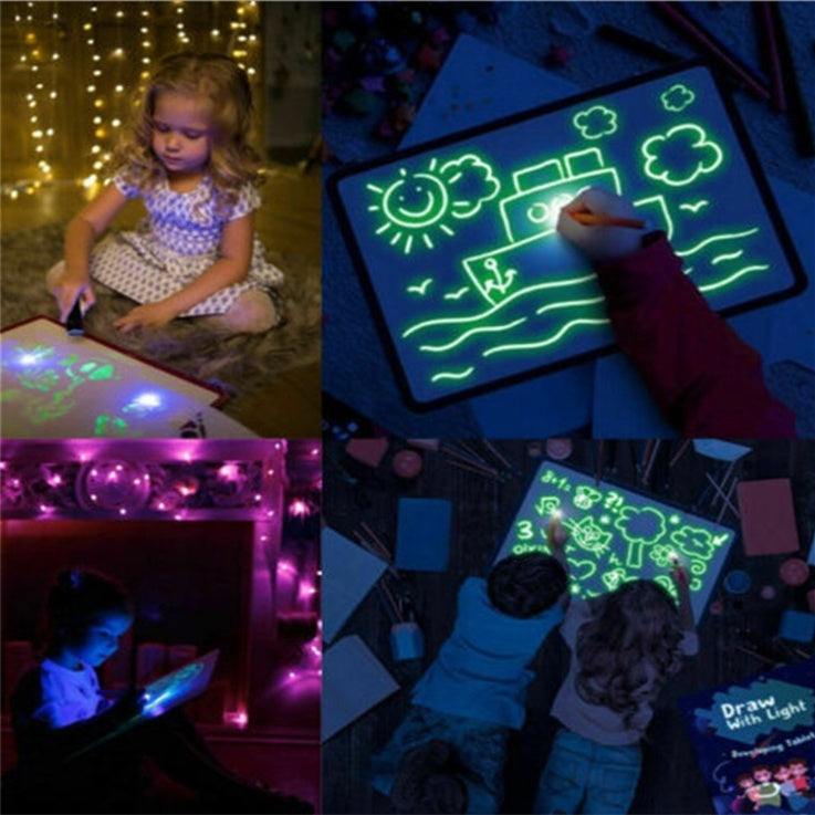 3D Magic Light-Up Drawing Pad, black plastic board with bright green glowing doodles drawn using a light pen