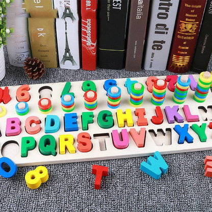 3D Wooden Alphabet puzzle board with colorful letters, numbers, and stacked counting rings for toddlers