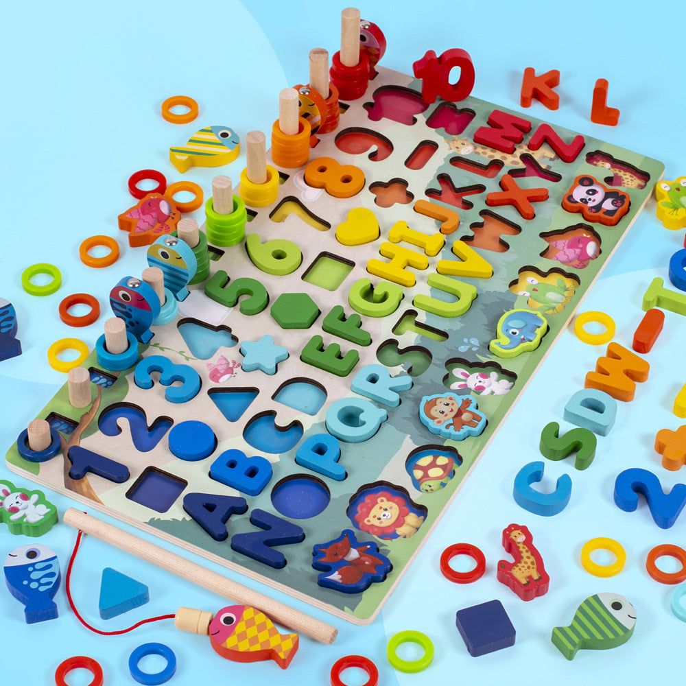 3D Wooden Alphabet puzzle board with colorful numbers, letters, shapes, animals, rings and fishing toy pieces